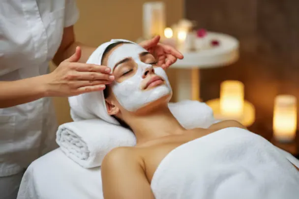 A woman receiving a facial mask treatment at Melody Salon, showcasing their facial services in a serene spa environment.