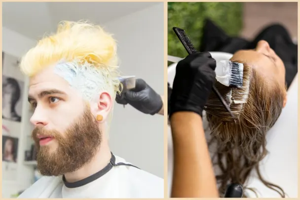 Melody Salon providing professional hair coloring services – male client getting blonde hair color applied, and female client receiving hair color treatment with brush application.