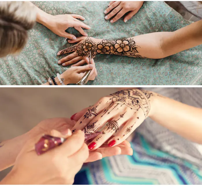Two images of a woman receiving henna tattoos on her hands at Melody Salon, showcasing intricate designs.
