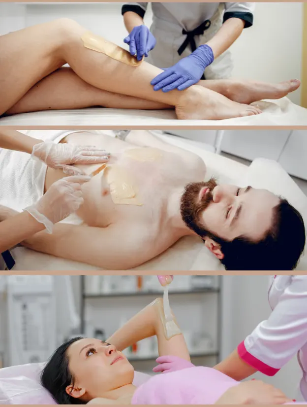 Professional waxing services at Melody Salon including leg waxing, chest waxing for men, and underarm waxing performed by skilled estheticians.